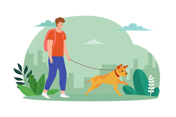 Man Walking a Tan Dog on Leash in Green Park Flat Vector Illustration with Transparent Background