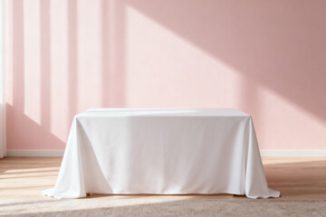 White tablecloth draped over a rectangular table in a minimalist room with pink walls and natural light casting shadows.