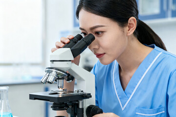 Female scientist examining specimen through microscope in laboratory setting
