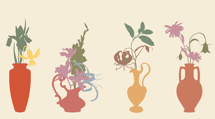 Hand drawn vases set. Flowers bouquets line art. Clip art flower arrangement in vase. Minimalist illustration.