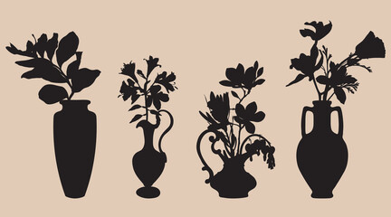 Hand drawn vases set. Flowers bouquets line art. Clip art flower arrangement in vase. Minimalist illustration.