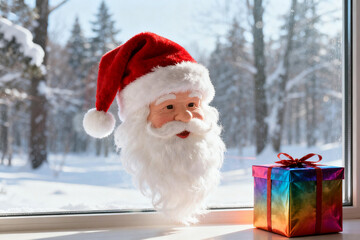 Santa Claus head decoration and colorful gift box on windowsill with snowy forest view