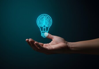 Human hand gently cradles a glowing neon lightbulb with a brain inside, symbolizing innovation and bright ideas emerging into existence.