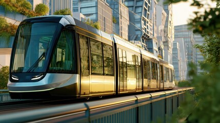Futuristic tram glides smoothly on clean tracks during urban sunset showcasing modern public transport