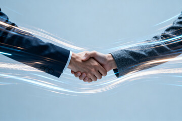 Two business professionals shaking hands with digital wave effects in the background