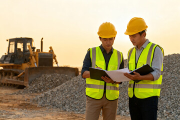 Two construction workers in safety vests and hard hats review plans on a building site with heavy machinery in the background.