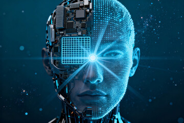 Cyborg human head with digital grid and circuitry, glowing blue light in eye, futuristic technology concept