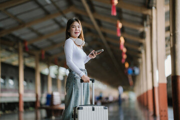 Smiling young woman traveler with suitcase and headphones around her neck holding a smartphone at the train station.