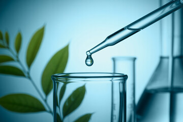 Droplet falling from pipette into laboratory beaker with plant
