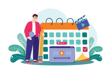 Man Standing Beside Large Calendar with Video Player Interface and Film Slate on Transparent Background