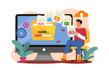 Man Uploading Files to Computer with Load Screen and Gears Against Transparent Background Illustration