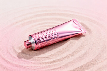 Pink metallic tube with wave pattern resting on textured sand surface