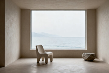 Minimalist interior with a view of the sea through a large window, featuring a modern chair and a stone on a concrete floor.