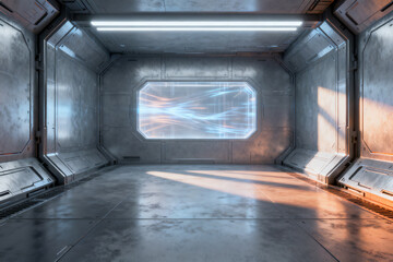 Futuristic metallic corridor with illuminated window and ambient lighting