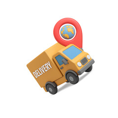 Naklejka premium Global Delivery Service Truck with Location Pin for Tracking Worldwide Shipping and Logistics Company Promotion
