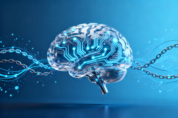 Digital brain with circuit patterns and DNA strands against a blue background