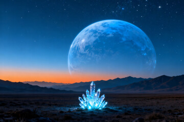 Glowing crystal formation in a desert landscape under a large blue moon and starry sky