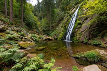 Lush waterfall cascading into a tranquil woodland pool, surrounded by dense greenery and moss-covered rocks.