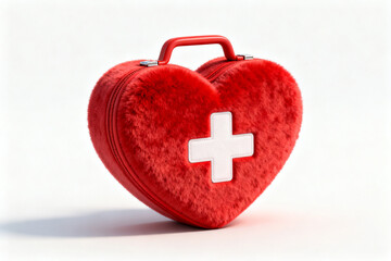 Red heart-shaped first aid kit with white cross symbol on a white background