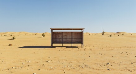 Desert bus stop shelter on sandy landscape under clear blue sky