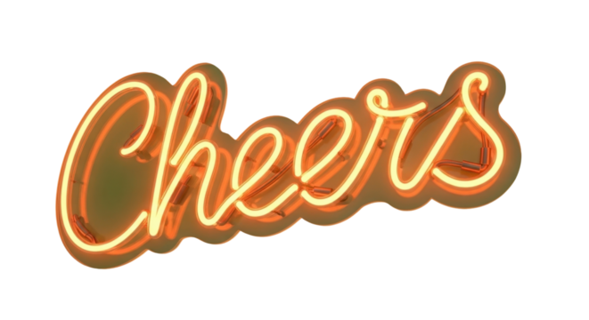 Bright neon 'Cheers' sign glowing with warm amber light, perfect for celebratory events, parties, and festive atmospheres