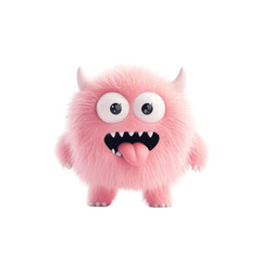 Fototapeta premium Fluffy pink monster with horns and big eyes sticking out tongue