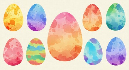 Set of colorful watercolor Easter eggs with various artistic patterns and textures isolated on white