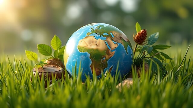 A symbolic globe nestled among natural elements, representing harmony with the environment.