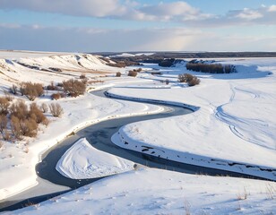Winter River Winding Through Snowy Plains