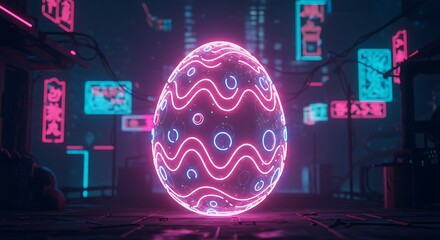 Futuristic cyberpunk Easter egg with pink neon lights and geometric patterns in dark city street