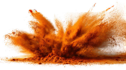 Orange powder explosion in mid air isolated on transparent background