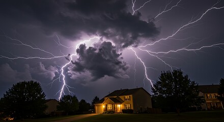 Lightning strikes above a house during a powerful thunderstorm at night