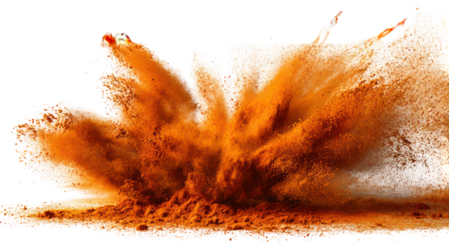 Orange powder explosion in mid air isolated on transparent background