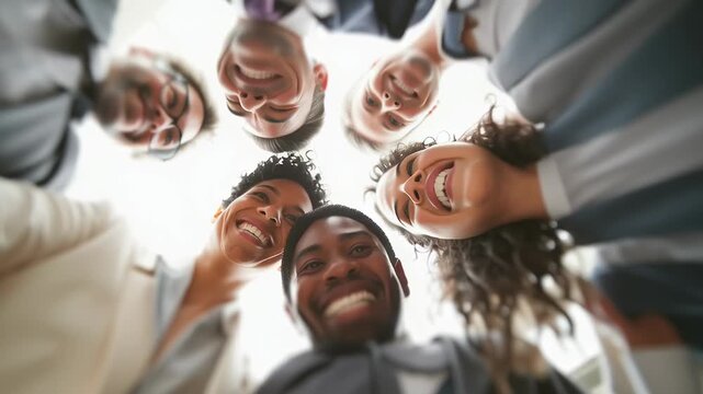 Diverse Team of Coworkers Smiling in a Circle from Below. Video.