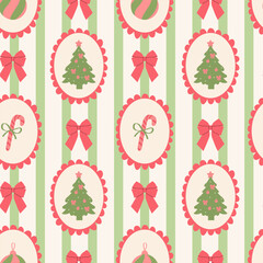 Christmas seamless pattern. Hand drawn doodle trees, candy canes, bows, and ornaments in striped design. Modern Festive Print for Wrapping Paper, Backgrounds, Wallpapers