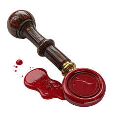 Detailed  depicts a classic seal stamp resting against vibrant, liquid crimson wax, alongside scattered droplets, all presented on a stark black backdrop, emphasizing the rich textures and smooth...