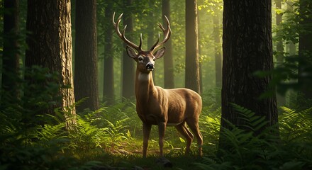 Majestic deer standing amidst sunlit forest trees and green foliage scene