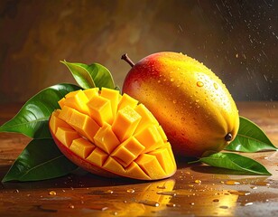 Ripe Mango with Cut Section and Green Leaves on Wooden Surface