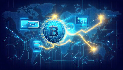 Global cryptocurrency transactions with a glowing Bitcoin coin and digital wallet overlaying a connected world map.