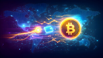 Global cryptocurrency transactions with a glowing Bitcoin coin and digital wallet overlaying a connected world map.