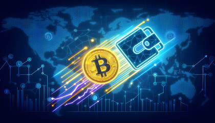 Global cryptocurrency transactions with a glowing Bitcoin coin and digital wallet overlaying a connected world map.