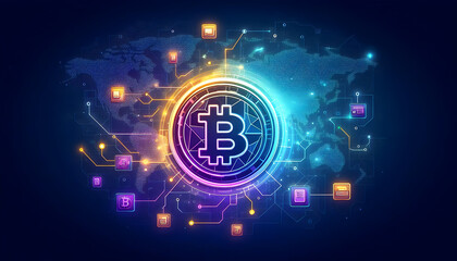 Global cryptocurrency transactions with a glowing Bitcoin coin and digital wallet overlaying a connected world map.