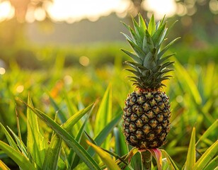 Ripe Pineapple in Lush Green Field at Sunrise