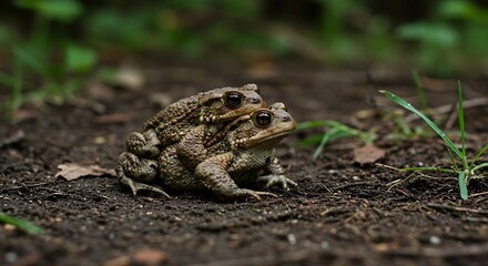 Fototapeta premium Two frogs mating on forest ground with greenery wildlife background