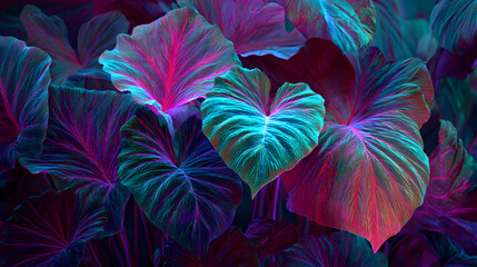 Closeup of lush green leaves illuminated with vibrant neon pink and turquoise light, creating a magical glow