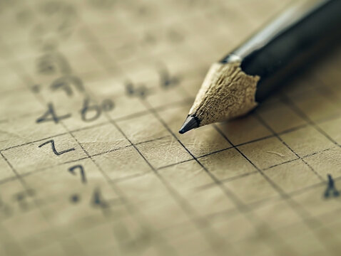 Pencil on grid paper with calculations evokes vintage math or accounting concepts - Powered by Adobe