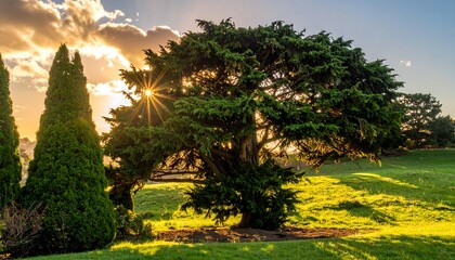 Sunlight streams through the branches of a large tree on a grassy hill, creating a golden glow and a scenic nature view