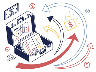Open briefcase with financial documents and upward arrows indicating growth and money circulation vector illustration