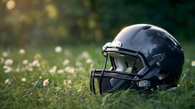 Black american football helmet resting on a football on a green grassy field, representing team sports, athletic gear, and the spirit of football competition - Powered by Adobe