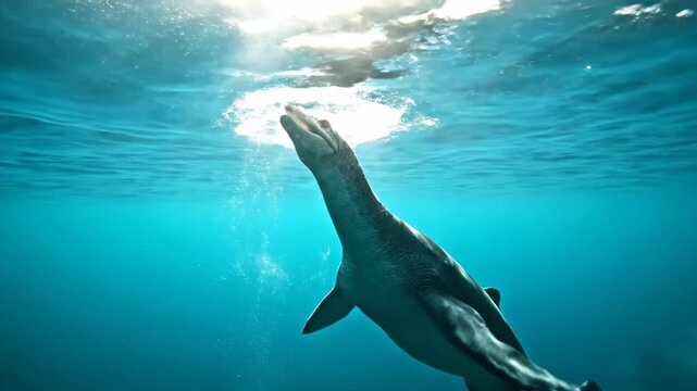Plesiosaur marine reptile swimming gracefully under deep blue ocean water, with light rays piercing the surface and bubbles rising from below, representing prehistoric life